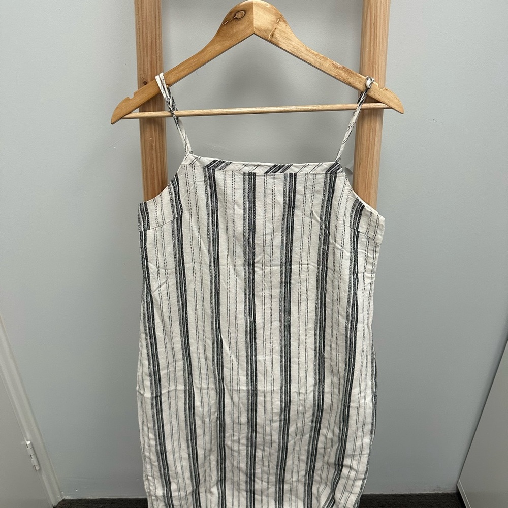 Nude Lucy Brooke Linen Stripe Dress MIDI White Navy Size M Summer Casual 12 - Picture 2 of 5